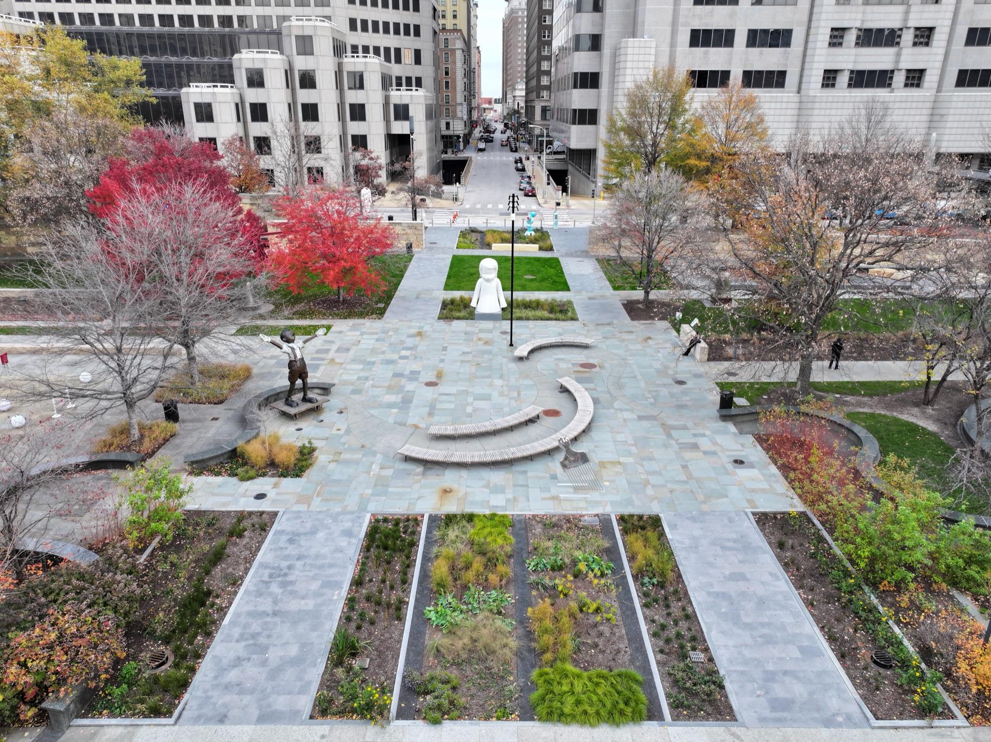 Citygarden sculpture park from above in peak fall color
