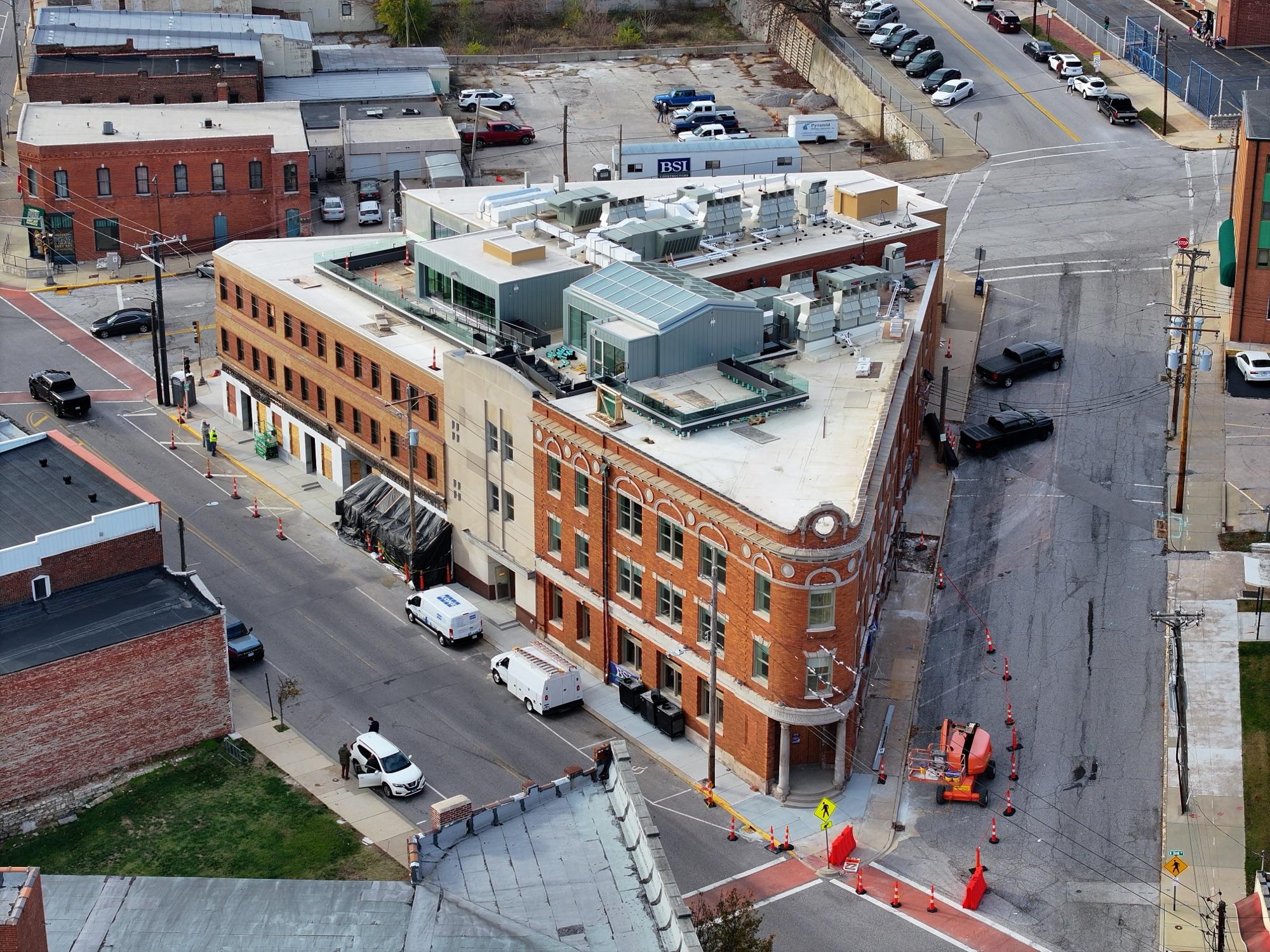 Historic brick commercial block on Washington Avenue from the air