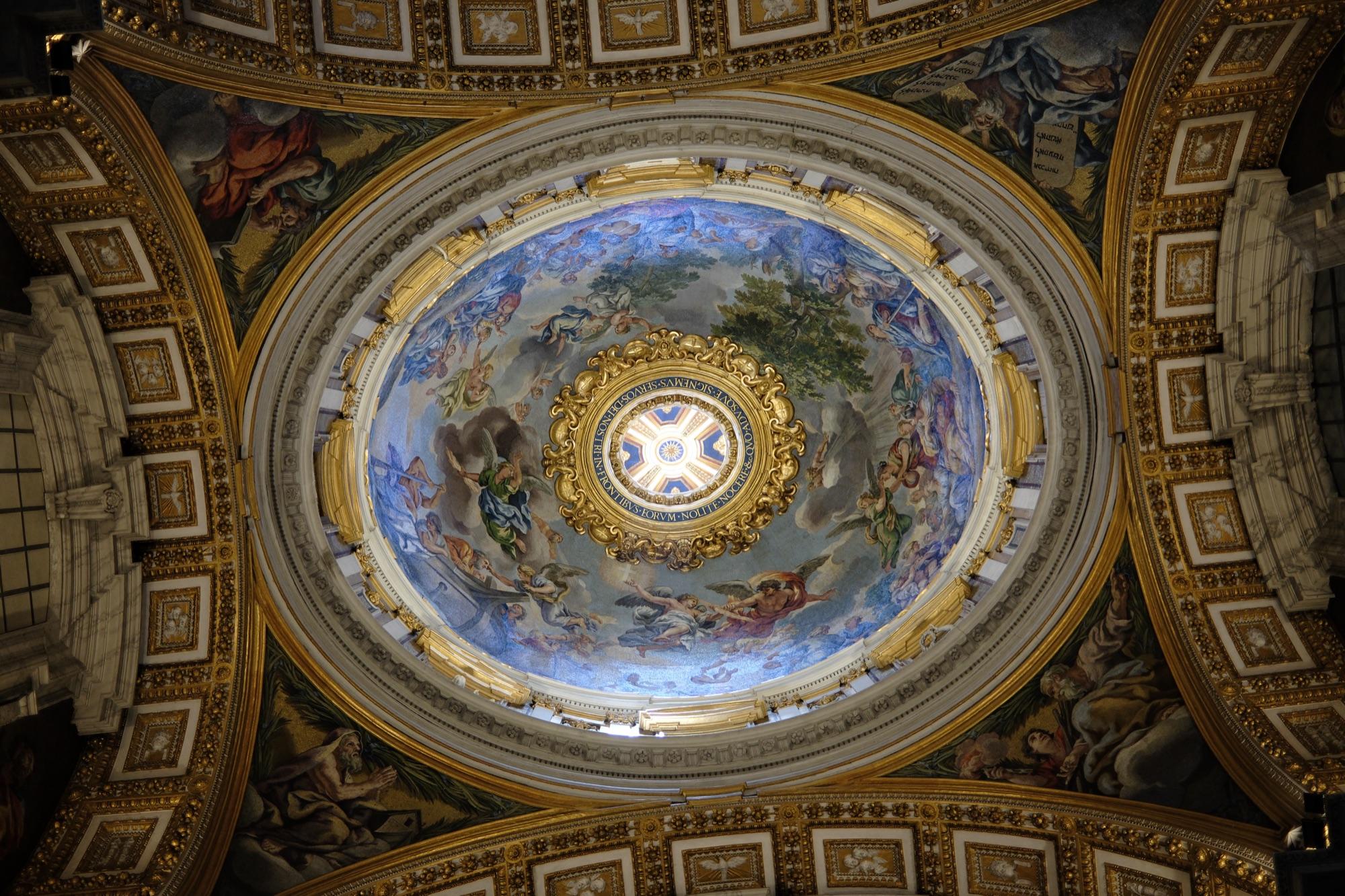 Frescoed basilica dome shot straight up from the nave floor