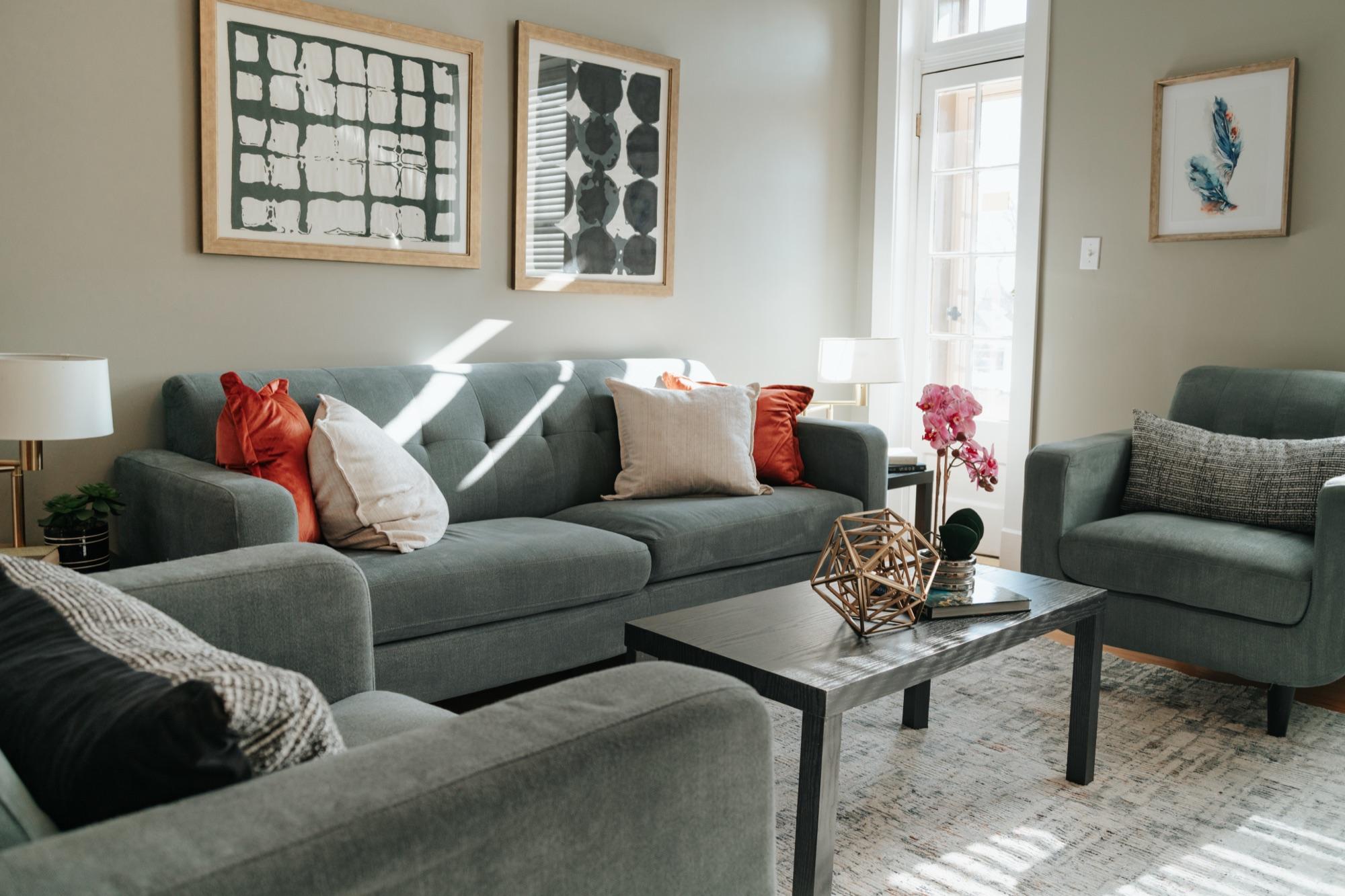 Staged living room with gallery wall — listing interior